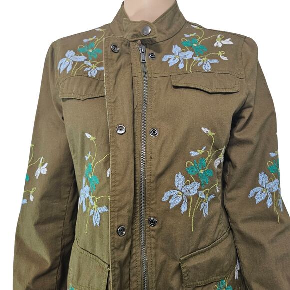 Olive Embroidered Floral Belted Zip Up Utility Standing Collar Jacket Size Med - Picture 2 of 10